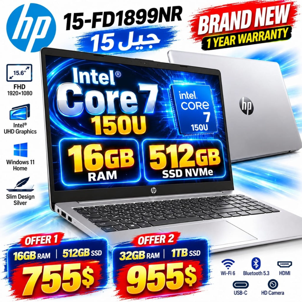 HP 15-FD1899NR 15.6 FHD Intel Core 7 150U Configurable RAM SSD Silver Laptop (New)