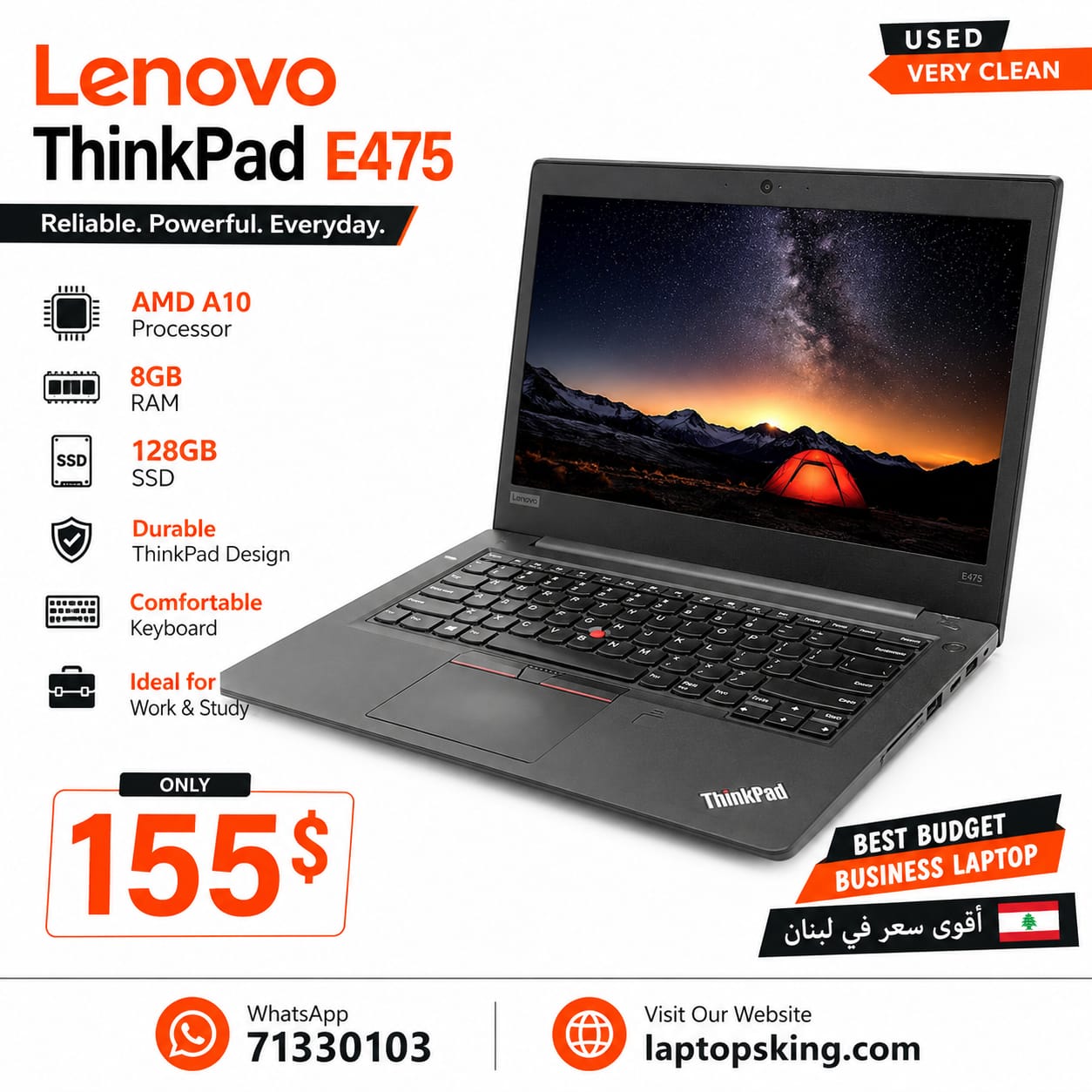Lenovo ThinkPad E475 AMD A10 8GB RAM 128GB SSD Laptop (Used)