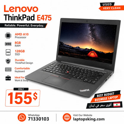 Lenovo ThinkPad E475 AMD A10 8GB RAM 128GB SSD Laptop (Used)