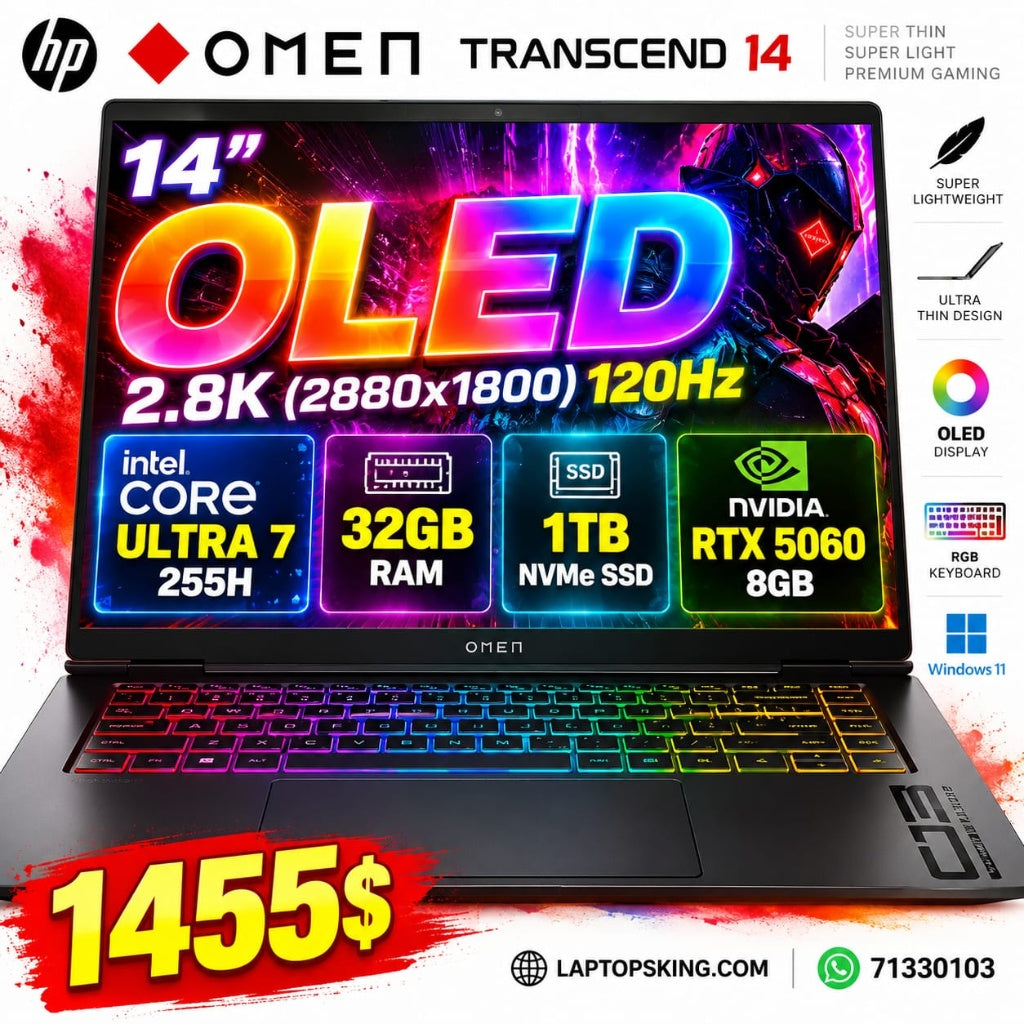 HP OMEN Transcend 14 14 2.8K OLED 120Hz Intel Core Ultra 7 255H 32GB RAM 1TB SSD RTX 5060 8GB Laptop (New OB)