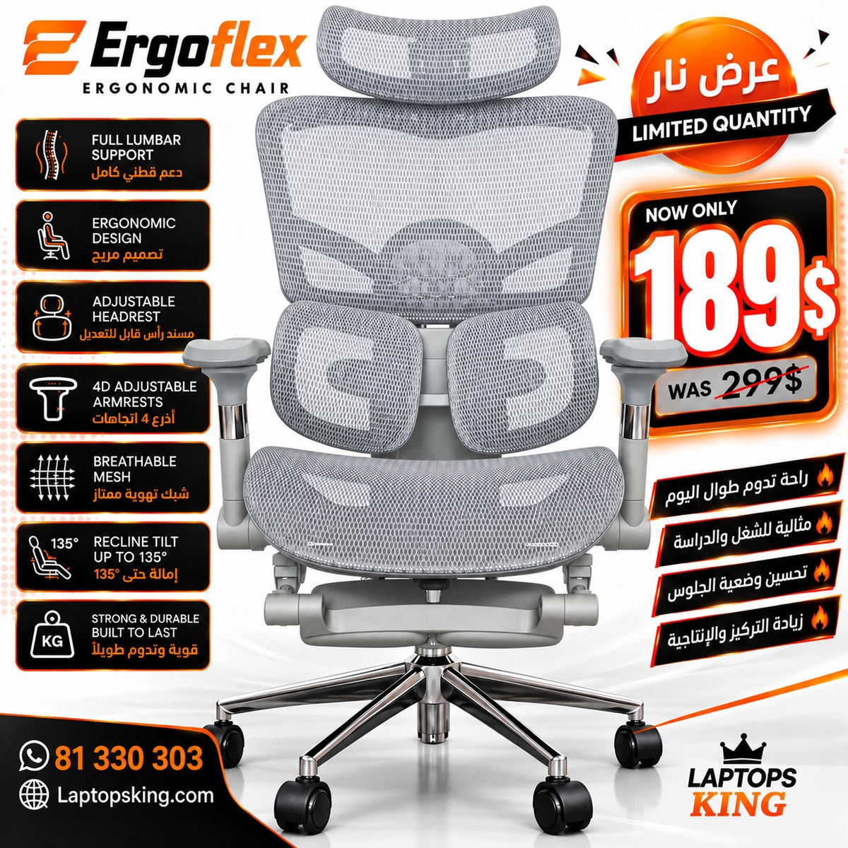 ERGOFLEX Ergonomic Office Chair Grey (New)