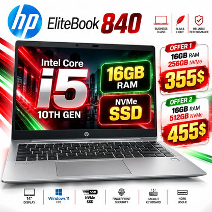 HP EliteBook 840 14 Display Intel Core i5 10th Gen 16GB RAM Laptop (Used)