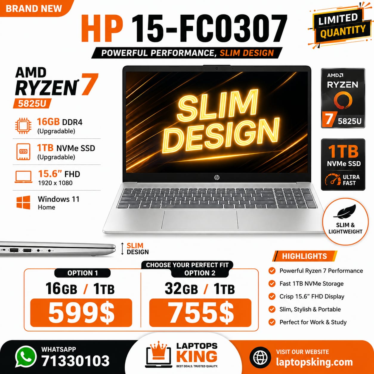 HP 15-fc0307dx Laptop Ryzen 7 5825U 15.6-inch FHD 1TB SSD (New)
