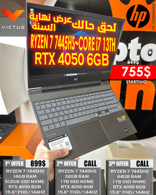 HP VICTUS GAMING 15 - FD3093DX RYZEN 7 7445HS  RTX 4050 6GB 15.6 FHD 144HZ LAPTOP (BRAND NEW 1 YR WARRANTY)