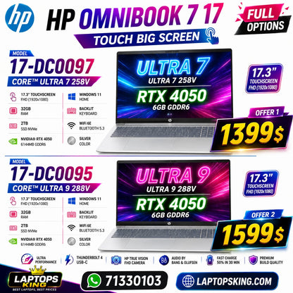 HP OmniBook 7 17-DC0097 Laptop Intel Core Ultra 7 258V RTX 4050 6GB GDDR6 32GB RAM 2TB SSD 17.3" FHD Touchscreen (New OB)