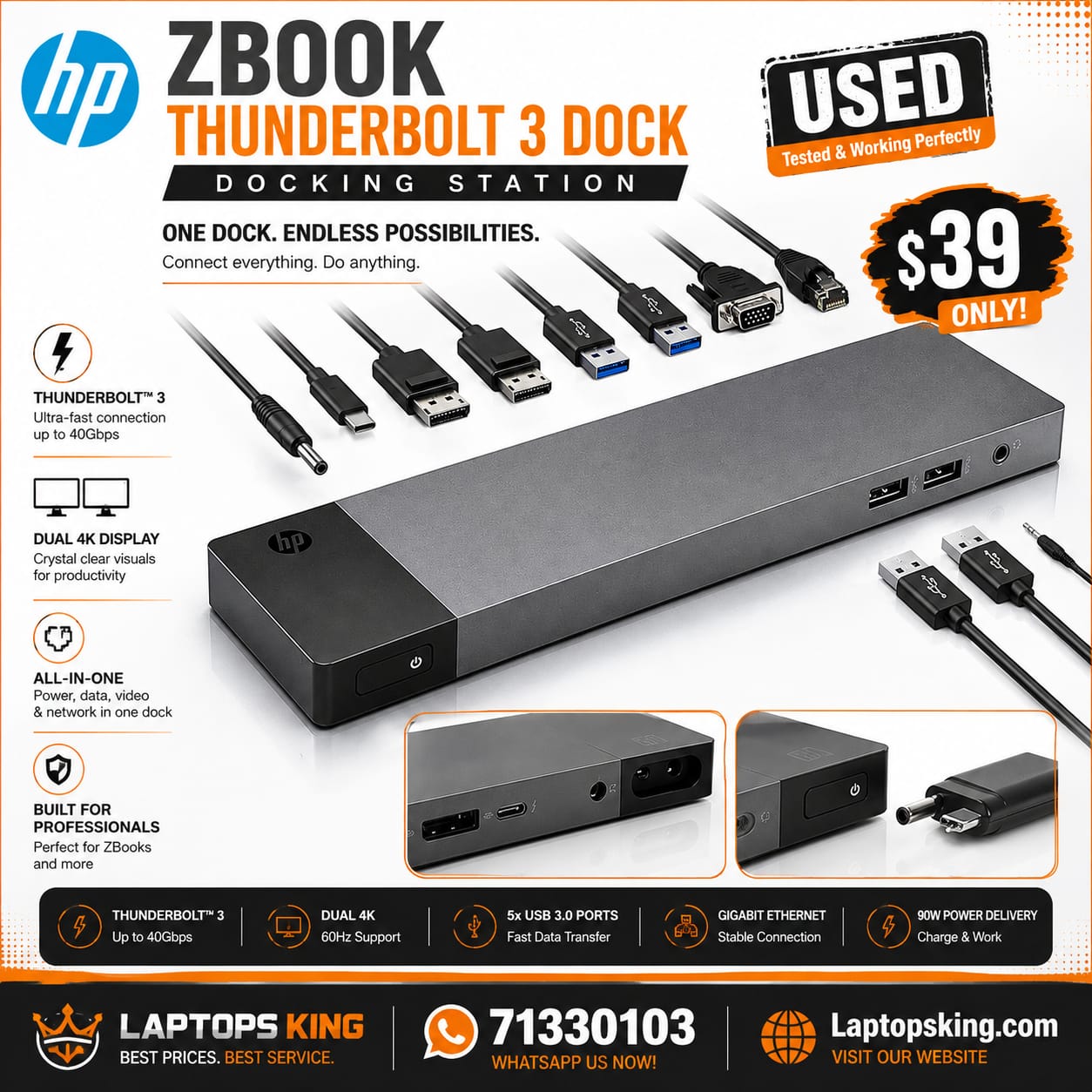 HP ZBook Thunderbolt 3 Docking Station Dual 4K 60Hz 90W (Used)