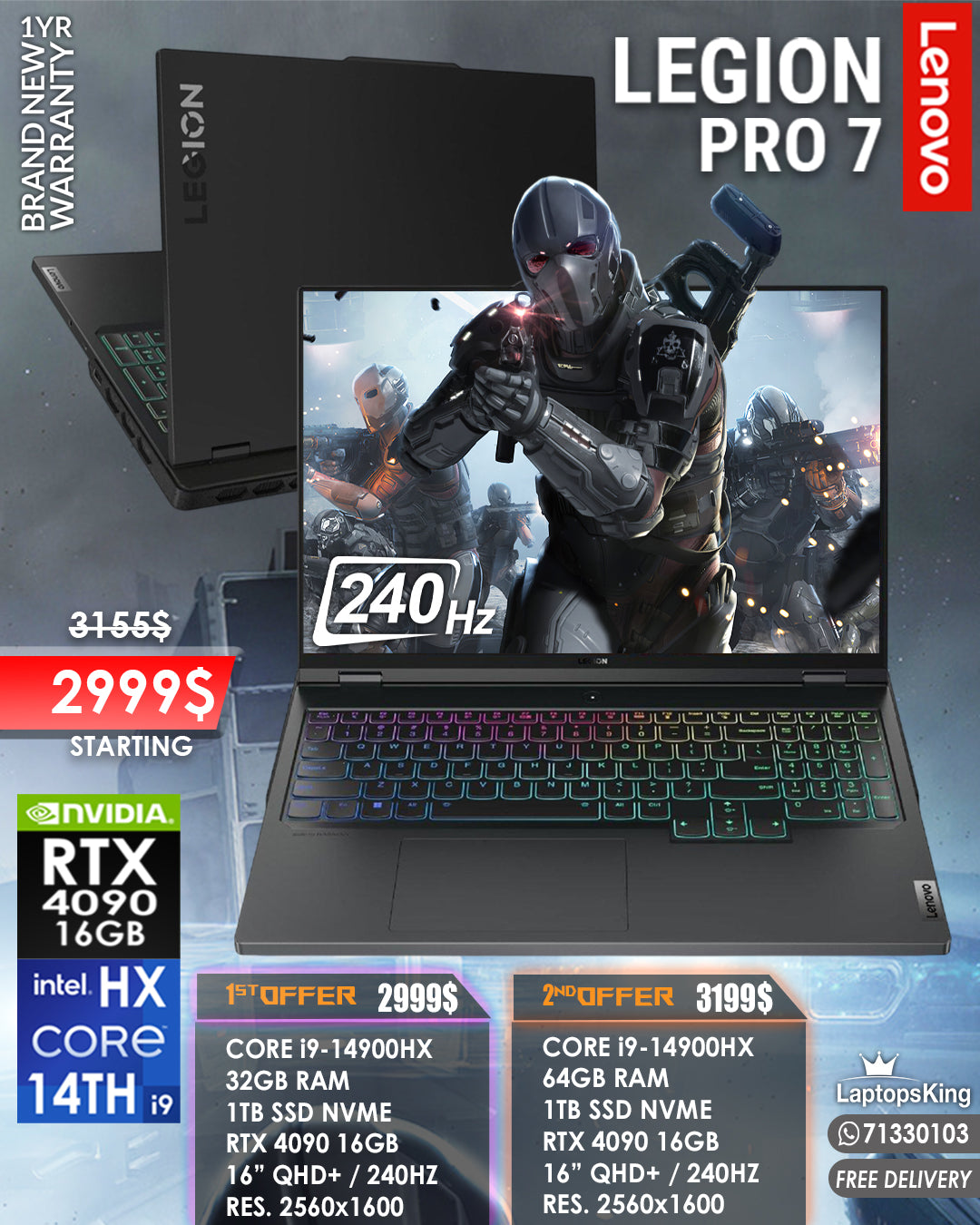 LENOVO LEGION PRO 7 CORE i9-14900HX RTX 4090 240HZ 16" QHD+ LAPTOP (BRAND NEW)