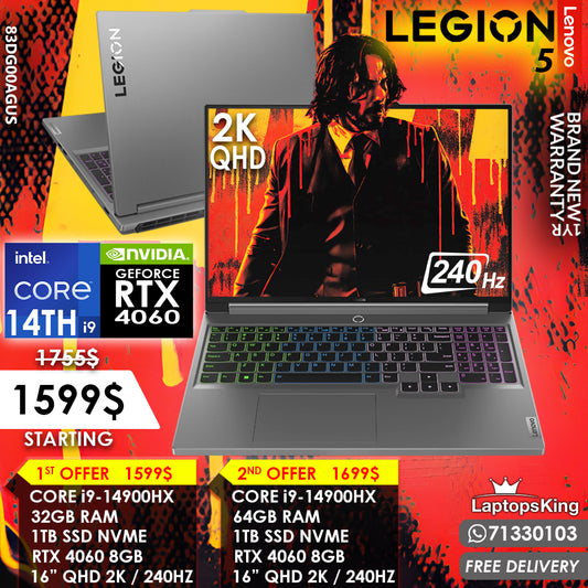 LENOVO LEGION 5 16IRX9 83DG00AGUS CORE i9-14900HX RTX 4060 240HZ QHD 16" GAMING LAPTOPS (BRAND NEW)