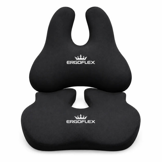 ErgoFlex black memory foam seat and back cushion set with white crown logos, front view on white