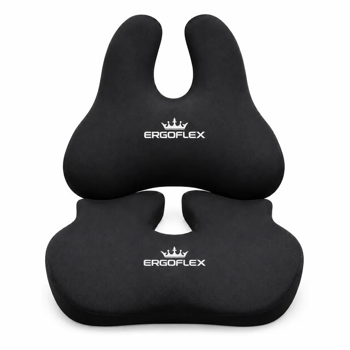 ErgoFlex black memory foam seat and back cushion set with white crown logos, front view on white