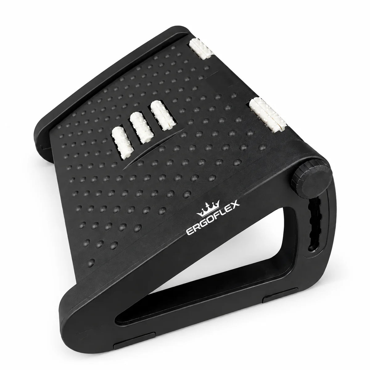 ErgoFlex black adjustable footrest with crown logo on its side frame, angled view on white