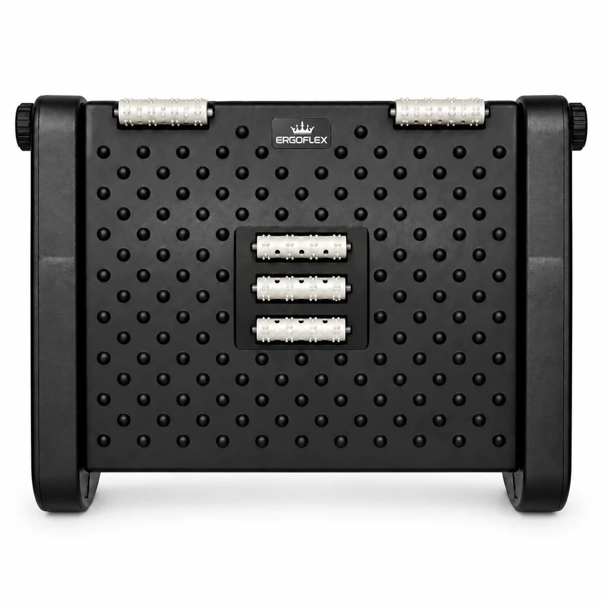 ErgoFlex adjustable black footrest with five white massage rollers and crown logo, front view on white