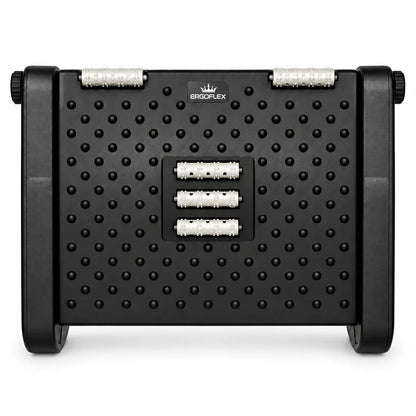 ErgoFlex adjustable black footrest with five white massage rollers and crown logo, front view on white