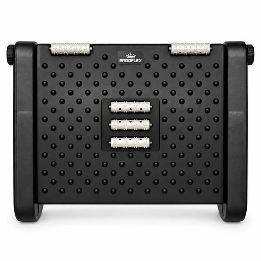 ErgoFlex adjustable black footrest with five white massage rollers and crown logo, front view on white