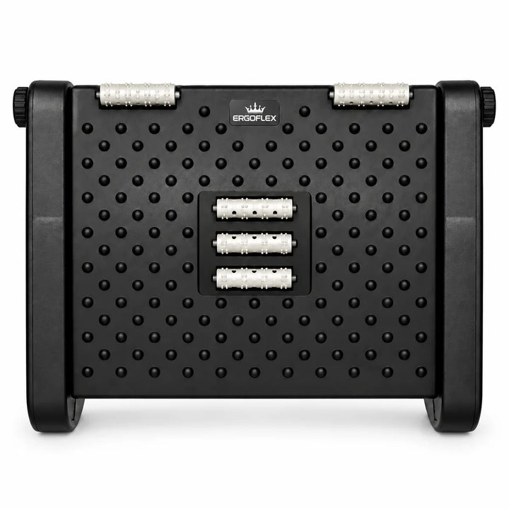 ErgoFlex adjustable black footrest with five white massage rollers and crown logo, front view on white
