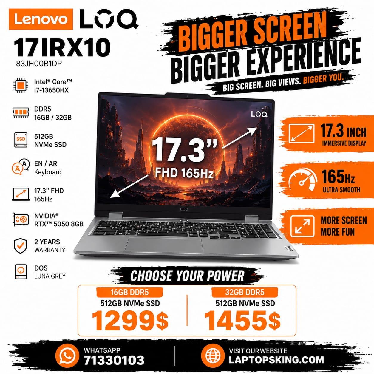 Lenovo LOQ 17IRX10 83JH00B1DP Gaming Laptop Core i7-13650HX 16GB DDR5 512GB NVMe 17.3-inch FHD RTX 5050 8GB 165Hz (New)