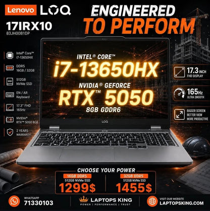 Lenovo LOQ 17IRX10 83JH00B1DP Gaming Laptop Core i7-13650HX 16GB DDR5 512GB NVMe 17.3-inch FHD RTX 5050 8GB 165Hz (New)