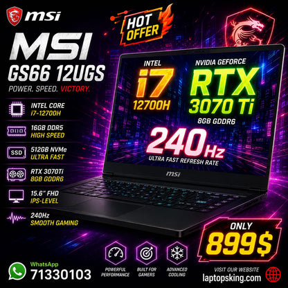 MSI Stealth GS66 12UGS Core i7-12700H RTX 3070 Ti 8GB 16GB RAM 512GB SSD 240Hz Gaming Laptop 15.6-inch (New OB)