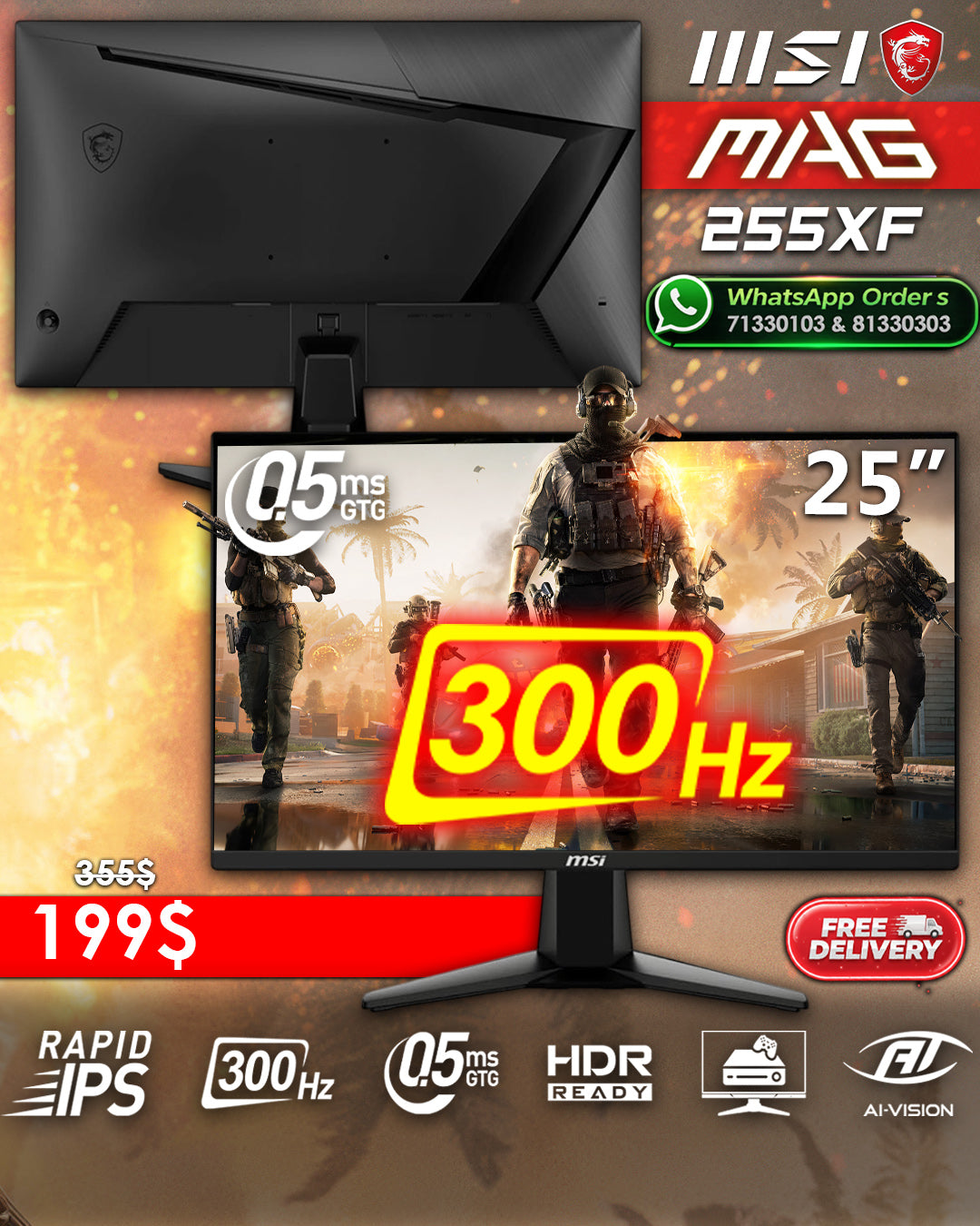 MSI MAG 255XF 25” FHD 300HZ 0.5MS GAMING MONITOR (BRAND NEW)