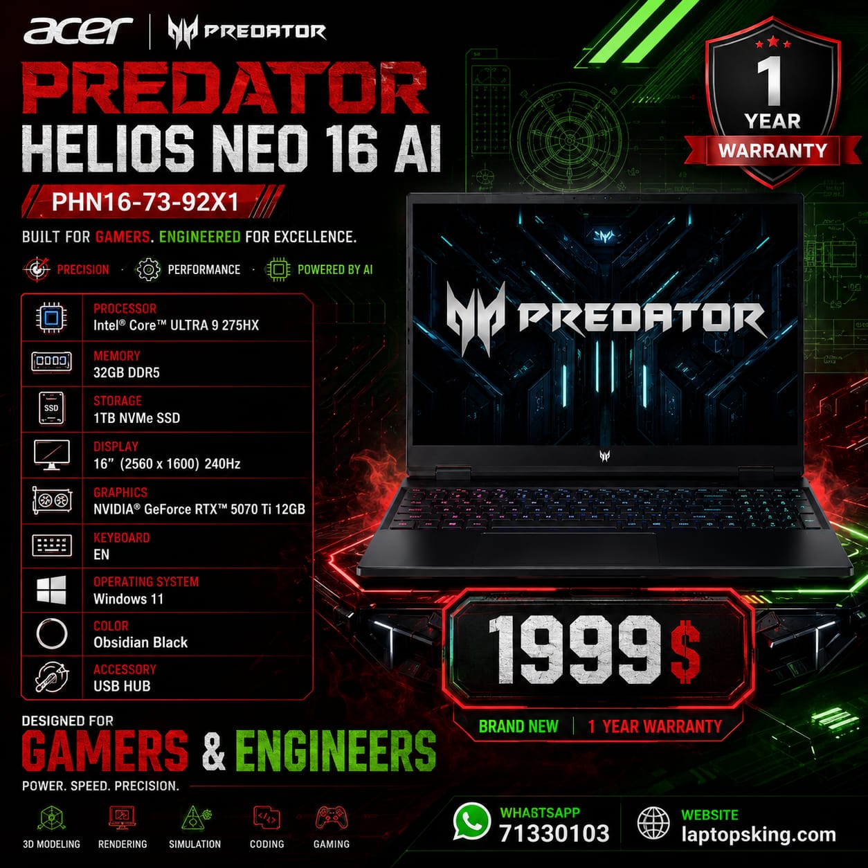 Acer Predator Helios Neo 16 AI PHN16-73-92X1 Gaming Laptop Core Ultra 9 RTX 5070 Ti 16-inch 240Hz (New)