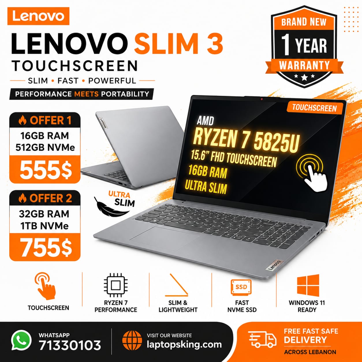 Lenovo IdeaPad Slim 3 15ABR8 Touchscreen Laptop Ryzen 7 15.6-inch (New)