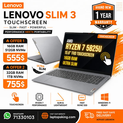 Lenovo IdeaPad Slim 3 15ABR8 Touchscreen Laptop Ryzen 7 15.6-inch (New)