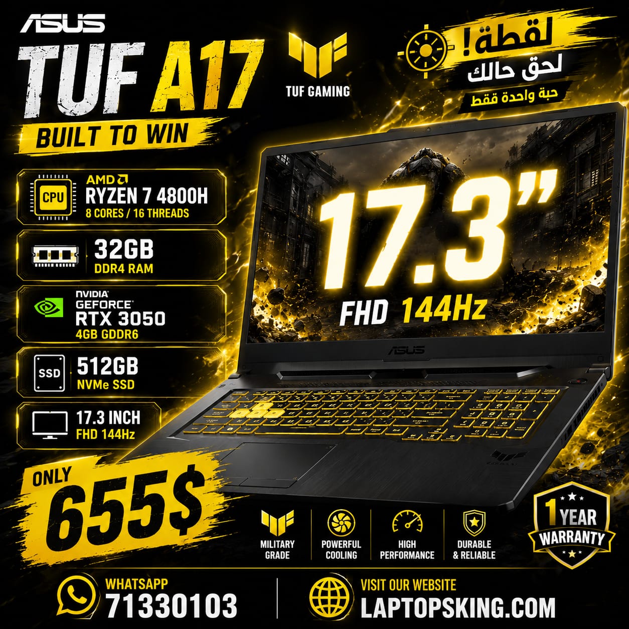 ASUS TUF A17 Ryzen 7 RTX 3050 32GB RAM 512GB SSD Gaming Laptop 17.3"