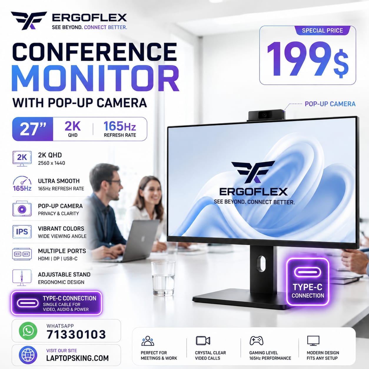 ERGOFLEX QHD 2K 165Hz Conference Monitor with Pop-Up Camera Type-C 27"(New)