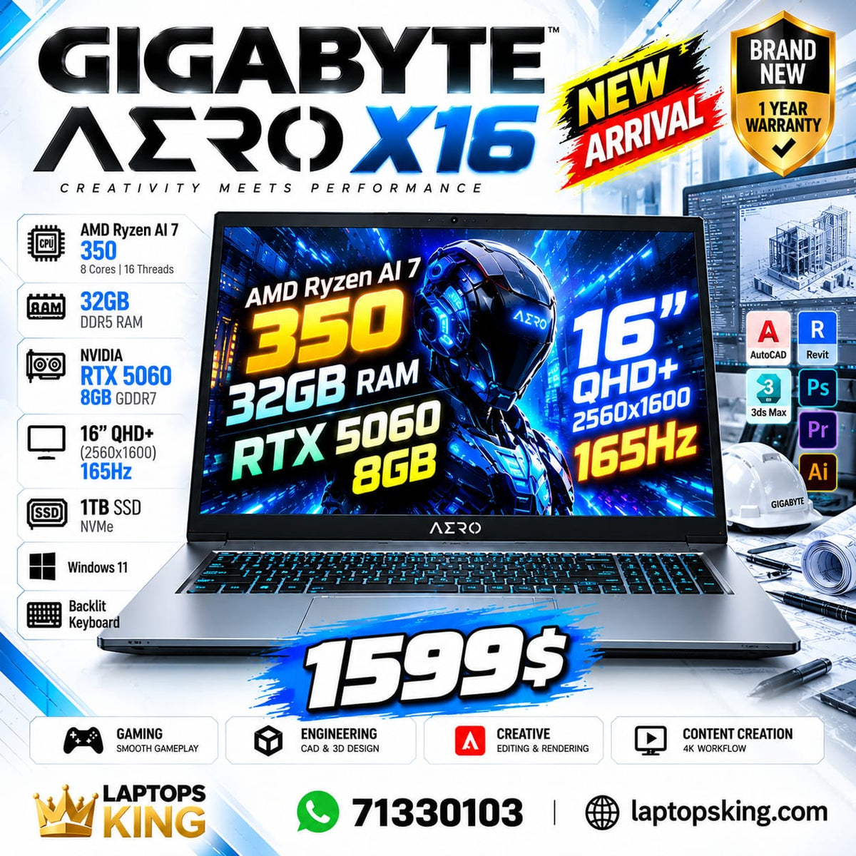 Gigabyte Aero X16 16 QHD+ 165Hz AMD Ryzen AI 7 350 32GB RAM 1TB SSD RTX 5060 8GB Laptop (New)