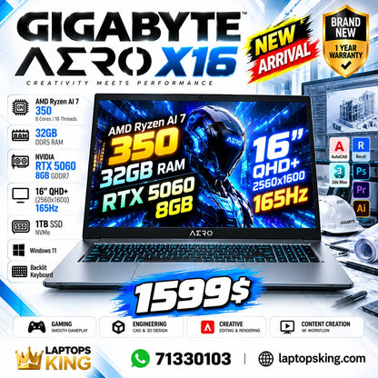 Gigabyte Aero X16 16 QHD+ 165Hz AMD Ryzen AI 7 350 32GB RAM 1TB SSD RTX 5060 8GB Laptop (New)