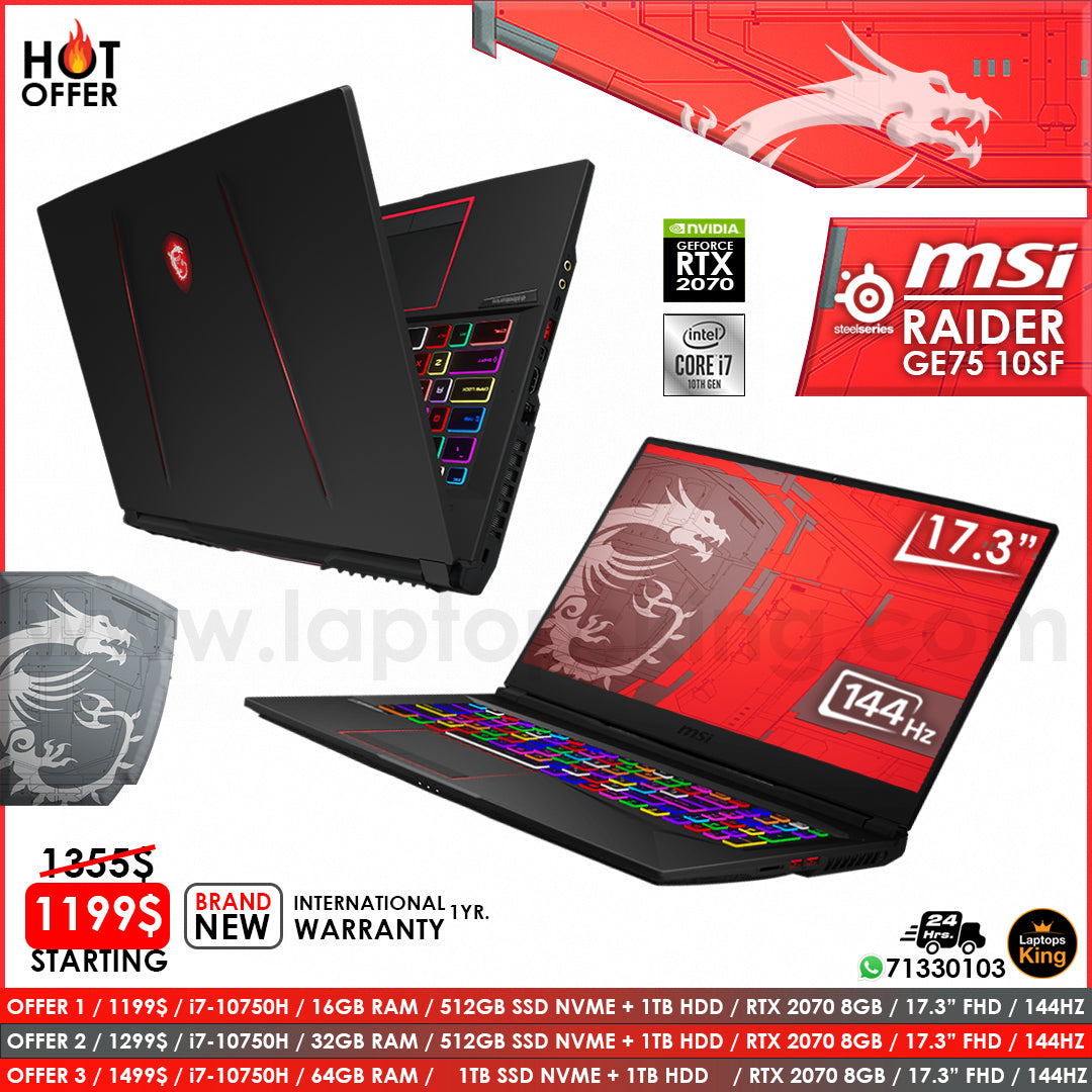 Msi Ge75 Raider 10sf Steelseries i7-10750h Rtx 2070 144hz Gaming Laptops (Brand New)