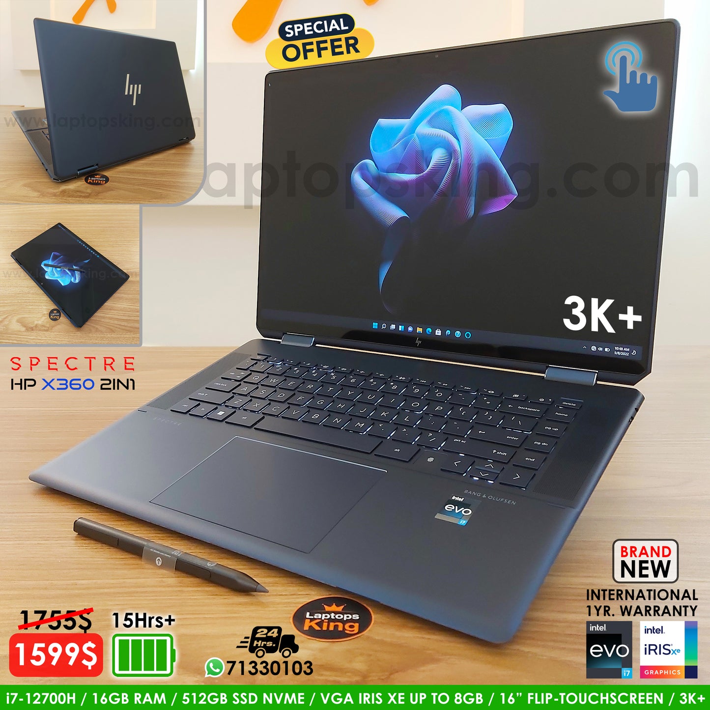 Hp Spectre X360 2in1 16-F1013dx i7-12700h Iris Xe 3K+ Laptop Offer (Brand New)