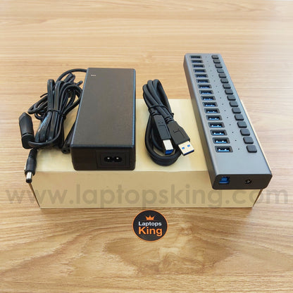 16-port usb hub, port hub, usb splitter, individual switches, data transfer main cable, USB 3.0, DC 12V, 1.2m adapter cord