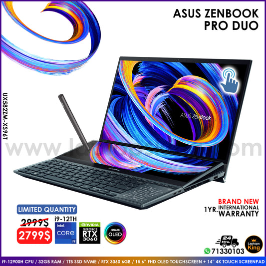 Asus ZenBook Pro Duo UX582ZM-XS96T Core i9-12900h Rtx 3060 Dual-Touchscreen Laptop (Brand New), Gaming laptop, Graphic Design laptop, best laptop for gaming, Best laptop for graphic design, computer for sale Lebanon, laptop for video editing in Lebanon, laptop for sale Lebanon, Best graphic design laptop,	Best video editing laptop, Best programming laptop, laptop for sale in Lebanon, laptops for sale in Lebanon, laptop for sale in Lebanon, buy computer Lebanon, buy laptop Lebanon.