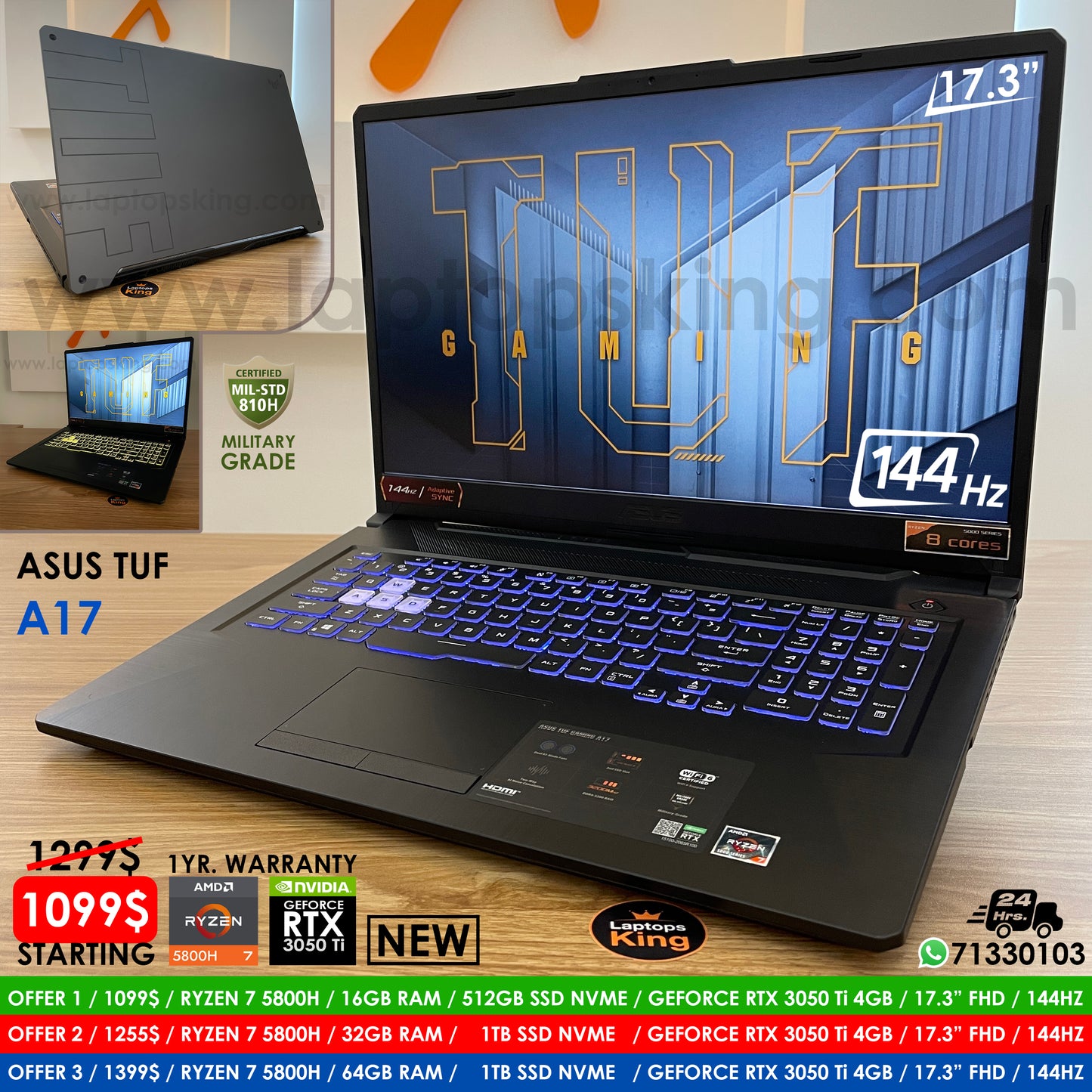 Asus Tuf A17 Military Grade Ryzen 7 5800H Rtx 3050 Ti 144Hz 17.3" Gaming Laptop (New)
