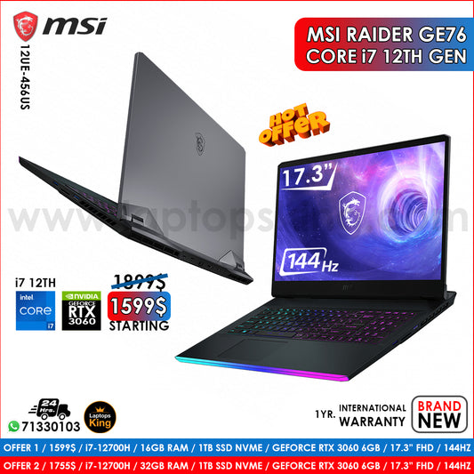 MSI Ge76 Raider 12ue-456us i7-12700h RTX 3060 144Hz Gaming Laptop Offers (Brand New)