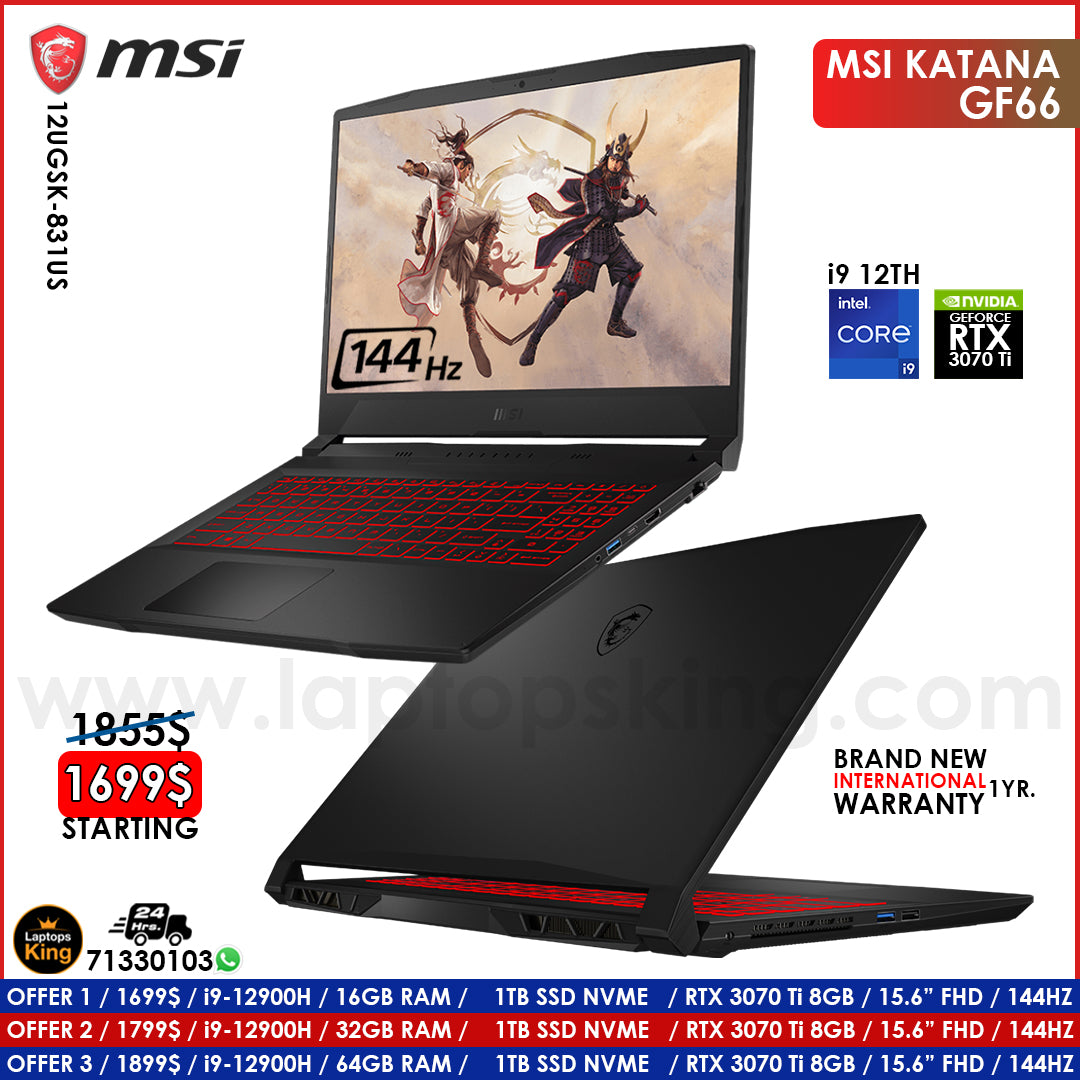 Msi Katana Gf66 12UGSK-831US Core i9-12900h Rtx 3070 Ti 144hz Gaming Laptops (Brand New)