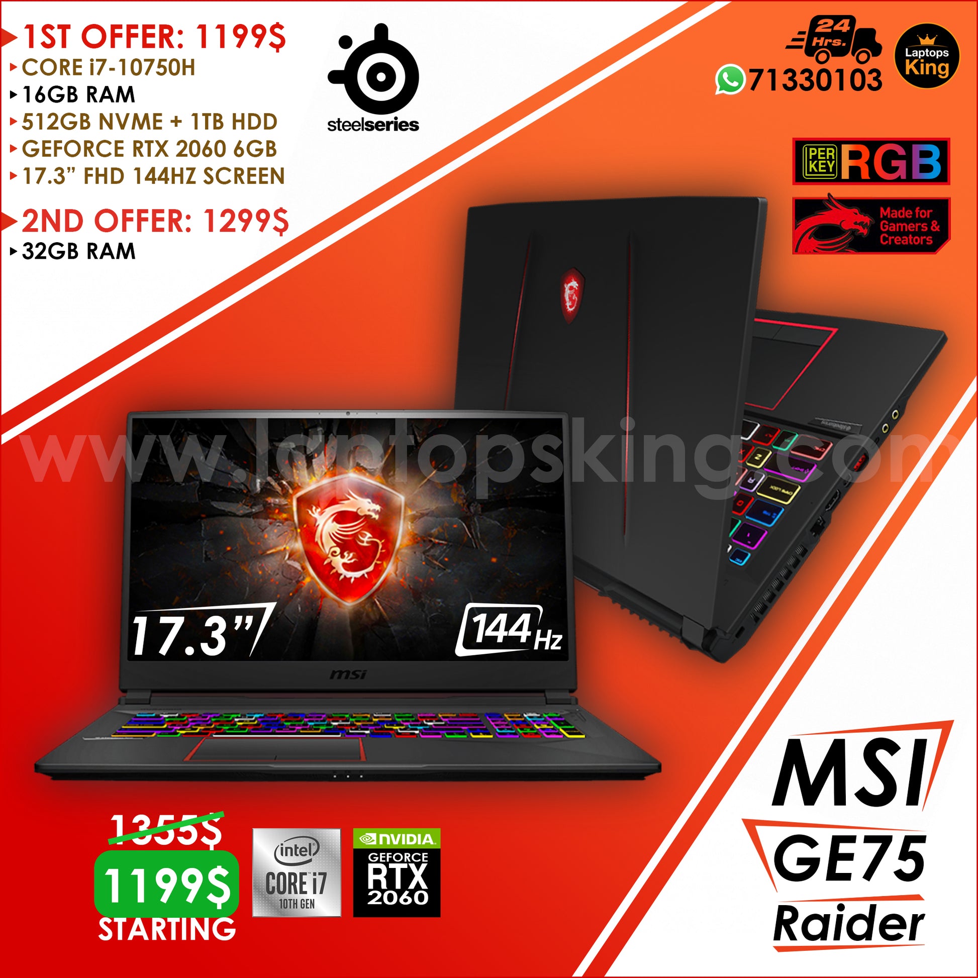 Msi Ge75 Raider 10se Steelseries i7-10750h Rtx 2060 144hz Gaming
